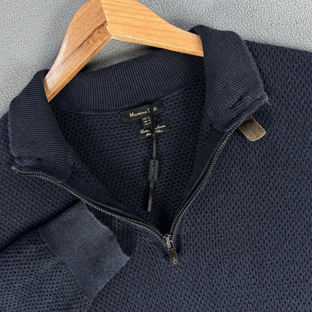 Massimo Dutti Quarter Zip Sweater Mens XL Blue Cotton Cashmere Quiet Luxury
